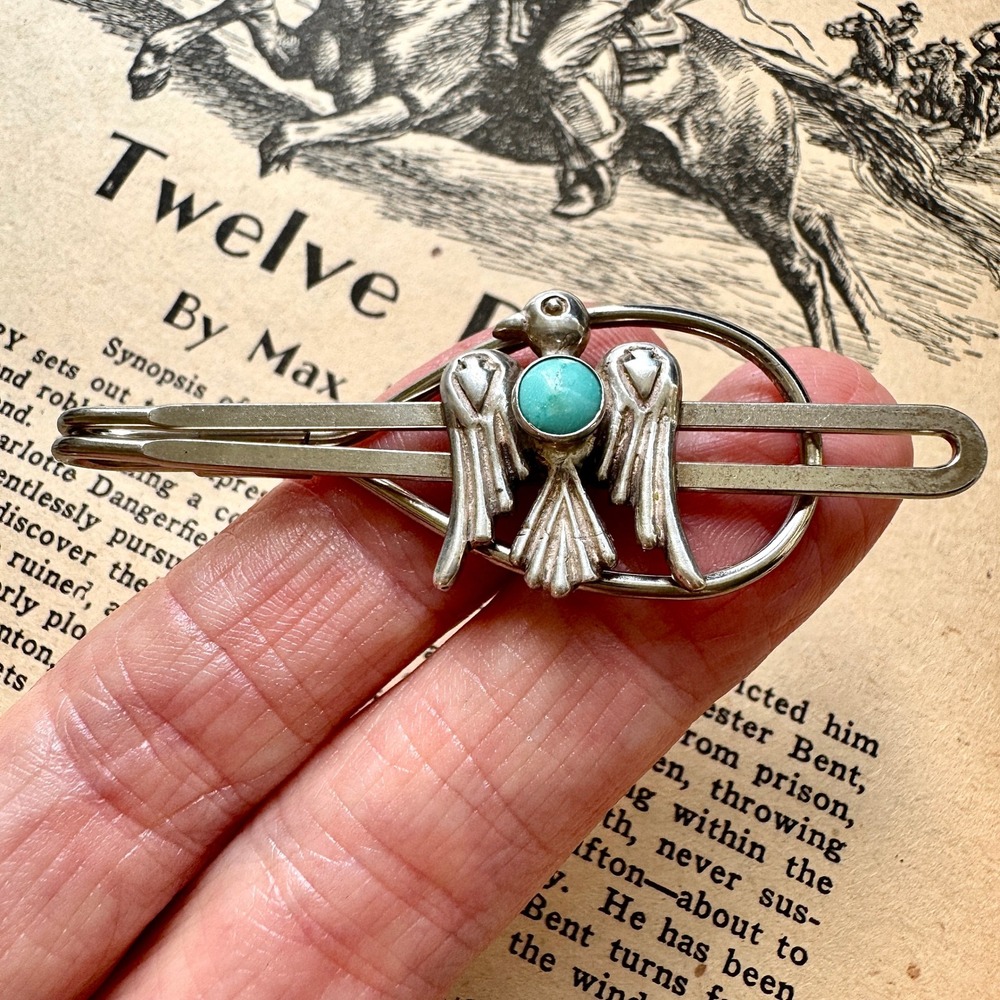 VTG Navajo Tie Clip Thunderbird Turquoise Bandana Sterling Native Amer